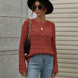 FASHION CROCHETED HOLLOW PULLOVER ROUND NECK LOOSE SWEATER