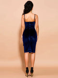 Spaghetti Straps Midnight Blue Velvet Bodycon Dress