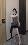 Stylish Strapless Dress with Floral Lace and Ruffled Hem