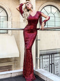 V-Neck Open Sleeve Red Sequin Party Dress