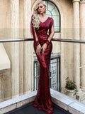 V-Neck Open Sleeve Red Sequin Party Dress