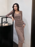 Ruched Waist Cardigan Taupe Fitted Dress