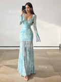 Fitted Floral Sheer Blue Maxi Dress