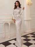 Long Sleeves High Neckline Gold Sequin Prom Dress
