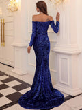 Long Sleeve Royal Blue Off-Shoulder Sequin Party Dress
