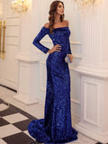 Long Sleeve Royal Blue Off-Shoulder Sequin Party Dress