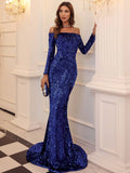 Long Sleeve Royal Blue Off-Shoulder Sequin Party Dress