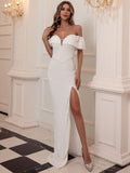 Sequin White Off-Shoulder Party Dress With High Slit