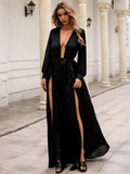 Long Sleeves Black High Slits Deep V-Neck Dress