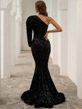 One Shoulder Cut Out Mermaid Black Sequin Prom Dress