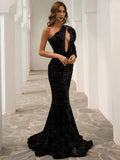 One Shoulder Cut Out Mermaid Black Sequin Prom Dress