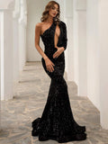 One Shoulder Cut Out Mermaid Black Sequin Prom Dress