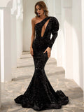 One Shoulder Cut Out Mermaid Black Sequin Prom Dress