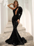 One Shoulder Cut Out Mermaid Black Sequin Prom Dress