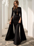 Cape Sleeves Sheer Black Evening Dress