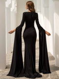 Cape Sleeves Sheer Black Evening Dress