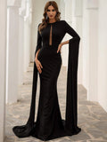 Cape Sleeves Sheer Black Evening Dress