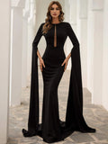 Cape Sleeves Sheer Black Evening Dress