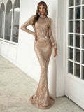 Long Sleeves High Neckline Gold Sequin Prom Dress