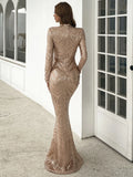Long Sleeves High Neckline Gold Sequin Prom Dress