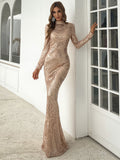 Long Sleeves High Neckline Gold Sequin Prom Dress