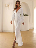 Deep V-Neck High Slit Long Sleeve White Party Dress