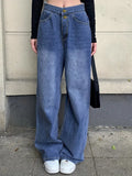 Blue Flipped Waist Design Loose Fit Straight Jeans