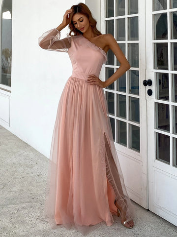 Sheer Sleeve Blush Pink One-Shoulder Gown