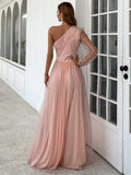 Sheer Sleeve Blush Pink One-Shoulder Gown