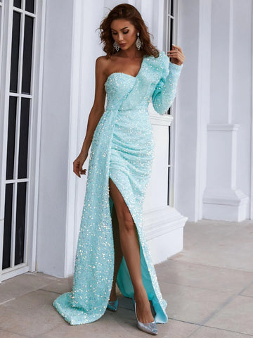 High Slit Sequins One-Shoulder Turquoise Party Dress