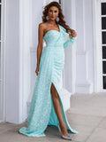 High Slit Sequins One-Shoulder Turquoise Party Dress