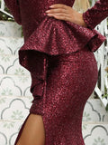 Shimmering Side Slit Off-Shoulder Peplum Dress