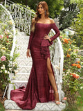 Shimmering Side Slit Off-Shoulder Peplum Dress