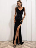 High Slit Black Beaded Sleeve Evening Dress