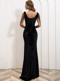 High Slit Black Beaded Sleeve Evening Dress