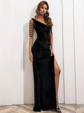 High Slit Black Beaded Sleeve Evening Dress