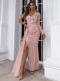 High Slit Sequins One-Shoulder Turquoise Party Dress