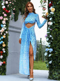 Elegant Cutout Shimmering Sky-Blue Sequin Dress
