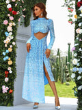 Elegant Cutout Shimmering Sky-Blue Sequin Dress