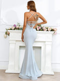 Spaghetti Straps Lace-Up Back Light Blue Mermaid Dress