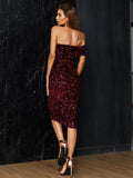 Off-The-Shoulder Burgundy Sequin Short Mini Dress