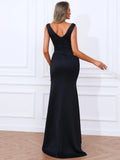 Silver Embellishments High Slit Black Satin Party Dress