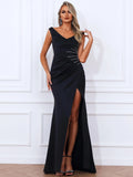 Silver Embellishments High Slit Black Satin Party Dress