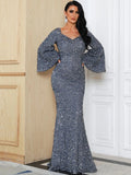 Bell Sleeves  Rose Gold Sequin Flared Party Dress