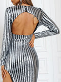 Fabulous Silver Striped Sequin Party Formal Dress