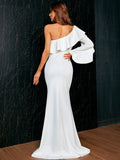 Ruffle High Slit White One-Sleeve Party Dress