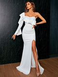 Ruffle High Slit White One-Sleeve Party Dress
