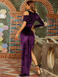 Purple Velvet One-Shoulder High Slit Formal Dress