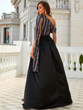 Sequin  Satin Skirt One-Shoulder Evening Gown