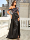 Sequin  Satin Skirt One-Shoulder Evening Gown